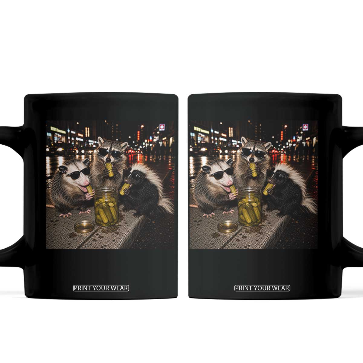 Funny Raccoon Skunk Possum Eating Pickles Coffee Mug Support Local Street Cats Retro Animal Meme