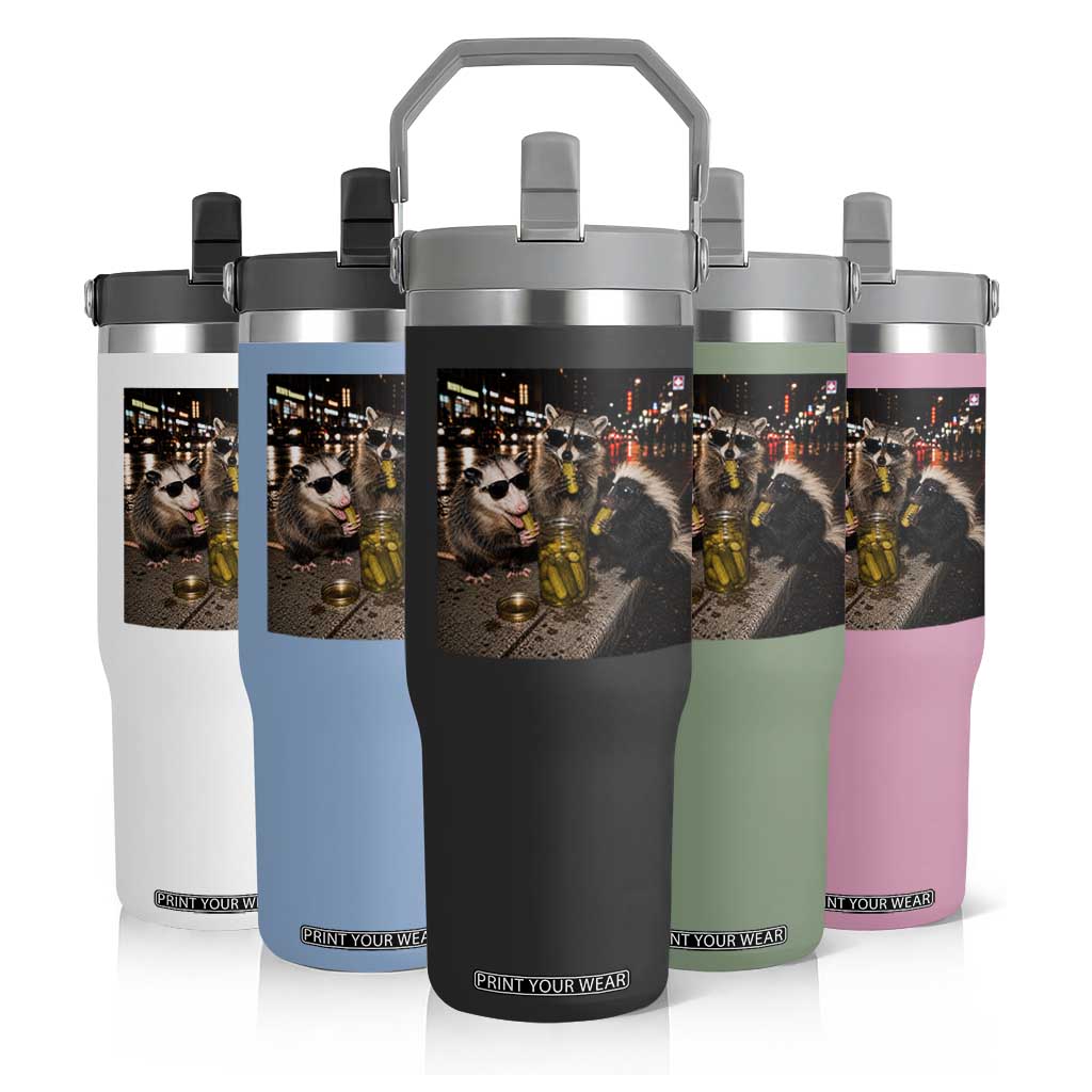 Funny Raccoon Skunk Possum Eating Pickles Flip Straw Tumbler Support Local Street Cats Retro Animal Meme TS10 Print Your Wear