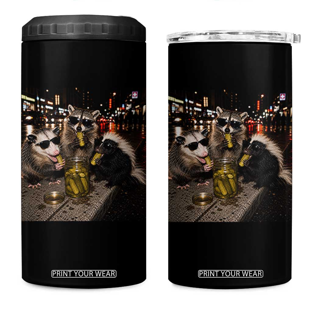 Funny Raccoon Skunk Possum Eating Pickles 4 in 1 Can Cooler Tumbler Support Local Street Cats Retro Animal Meme
