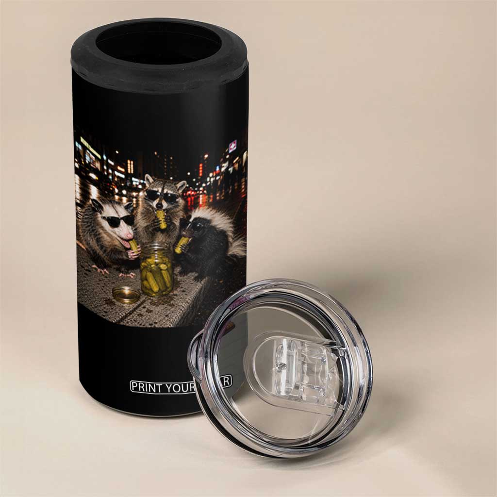 Funny Raccoon Skunk Possum Eating Pickles 4 in 1 Can Cooler Tumbler Support Local Street Cats Retro Animal Meme