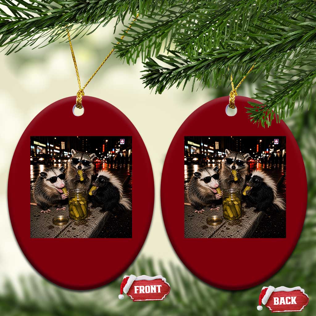 Funny Raccoon Skunk Possum Eating Pickles Ceramic Ornament Support Local Street Cats Retro Animal Meme