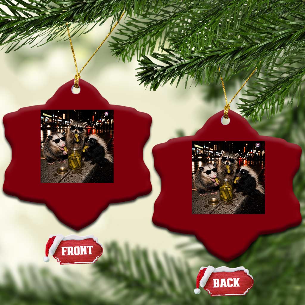 Funny Raccoon Skunk Possum Eating Pickles Ceramic Ornament Support Local Street Cats Retro Animal Meme