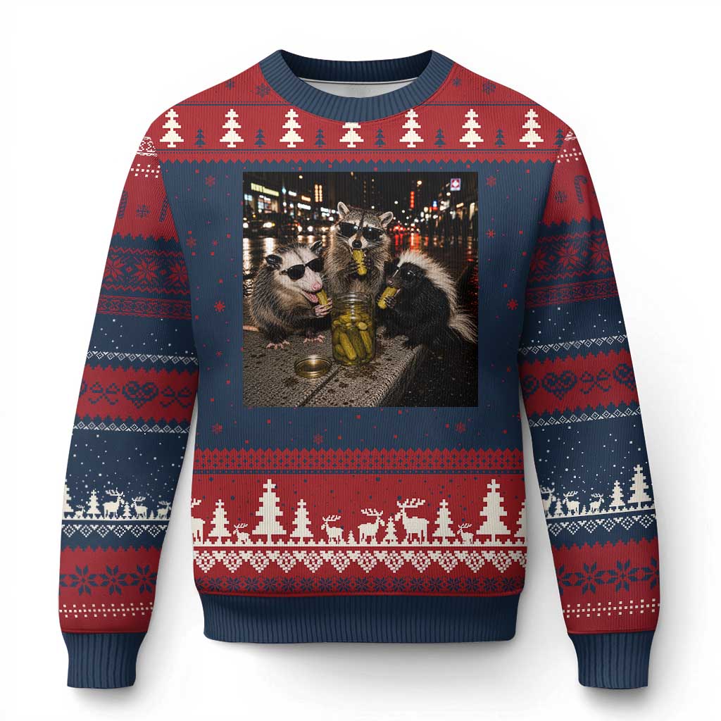 Funny Raccoon Skunk Possum Eating Pickles Ugly Christmas Sweater Support Local Street Cats Retro Animal Meme TS10 Navy Red Print Your Wear
