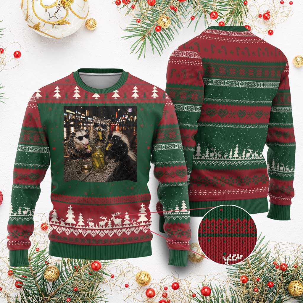 Funny Raccoon Skunk Possum Eating Pickles Ugly Christmas Sweater Support Local Street Cats Retro Animal Meme
