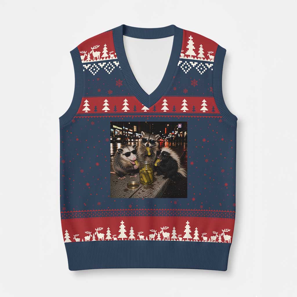 Funny Raccoon Skunk Possum Eating Pickles V-Neck Knit Sweater Vest Support Local Street Cats Retro Animal Meme TS10 Navy Red Print Your Wear