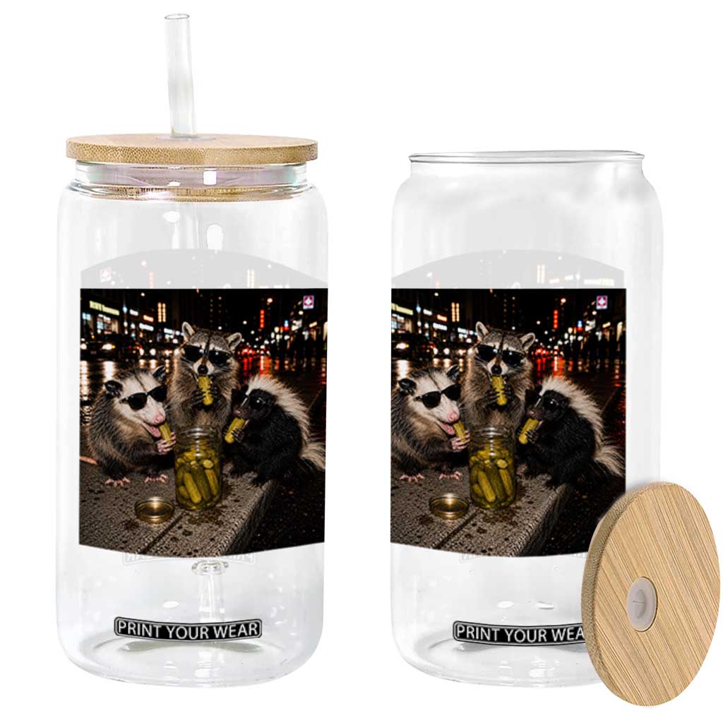Funny Raccoon Skunk Possum Eating Pickles Glass Can Support Local Street Cats Retro Animal Meme