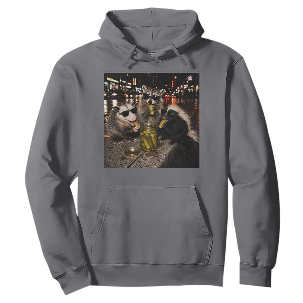 Funny Raccoon Skunk Possum Eating Pickles Hoodie Support Local Street Cats Retro Animal Meme