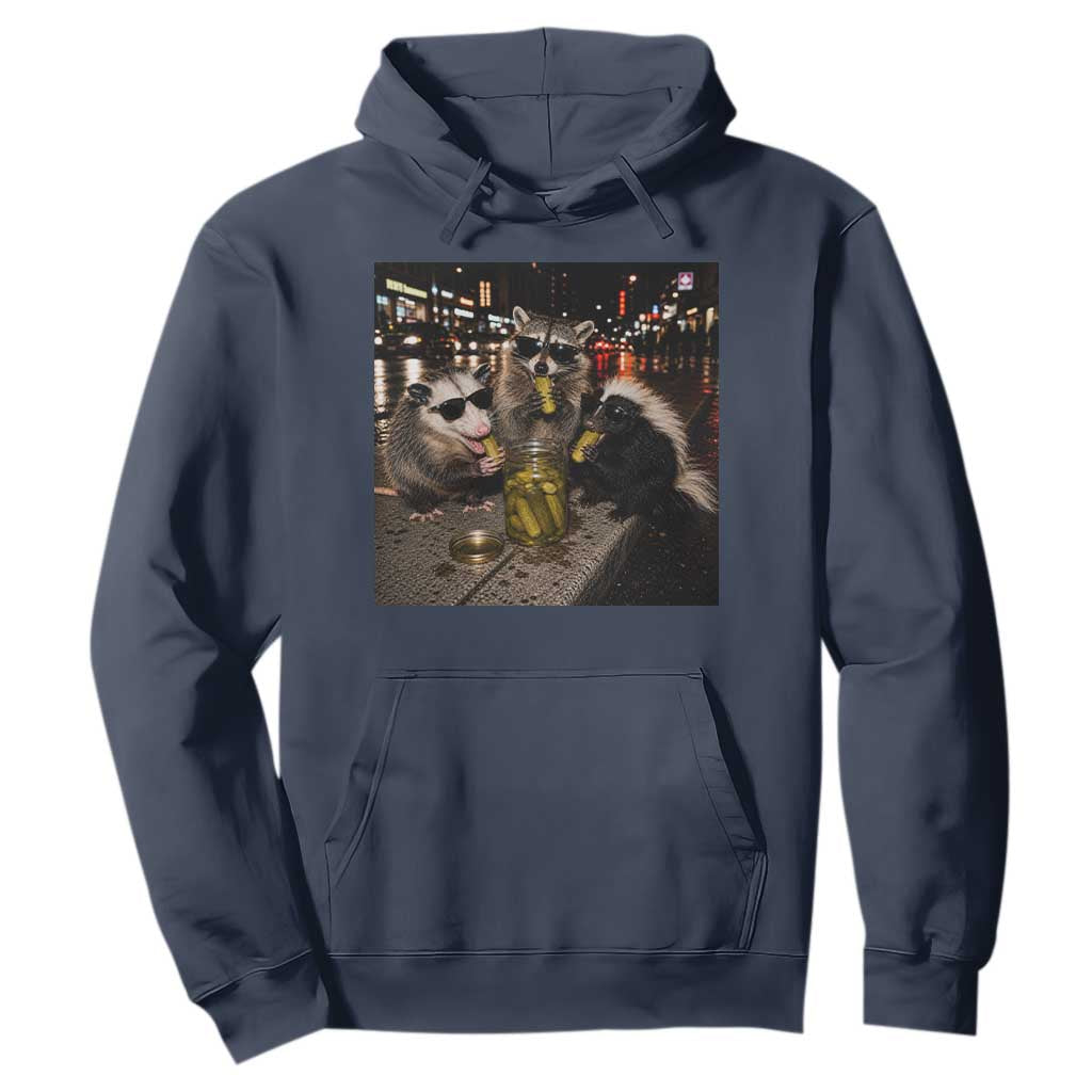 Funny Raccoon Skunk Possum Eating Pickles Hoodie Support Local Street Cats Retro Animal Meme