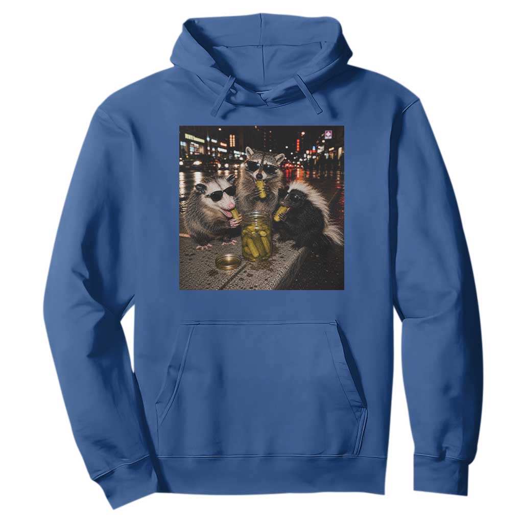 Funny Raccoon Skunk Possum Eating Pickles Hoodie Support Local Street Cats Retro Animal Meme