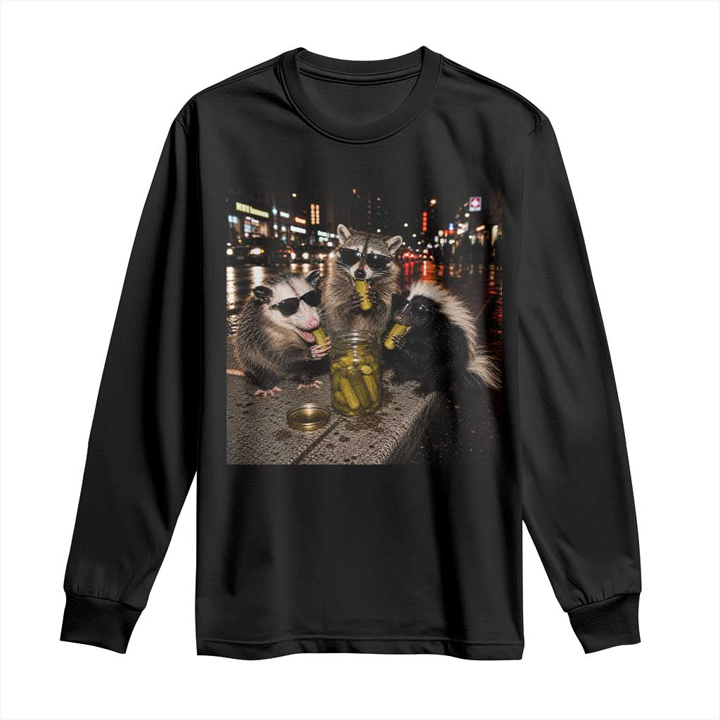 Funny Raccoon Skunk Possum Eating Pickles Long Sleeve Shirt Support Local Street Cats Retro Animal Meme