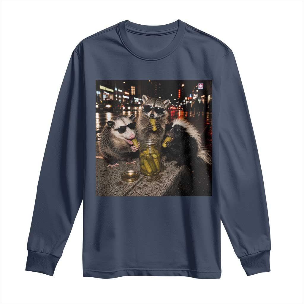 Funny Raccoon Skunk Possum Eating Pickles Long Sleeve Shirt Support Local Street Cats Retro Animal Meme