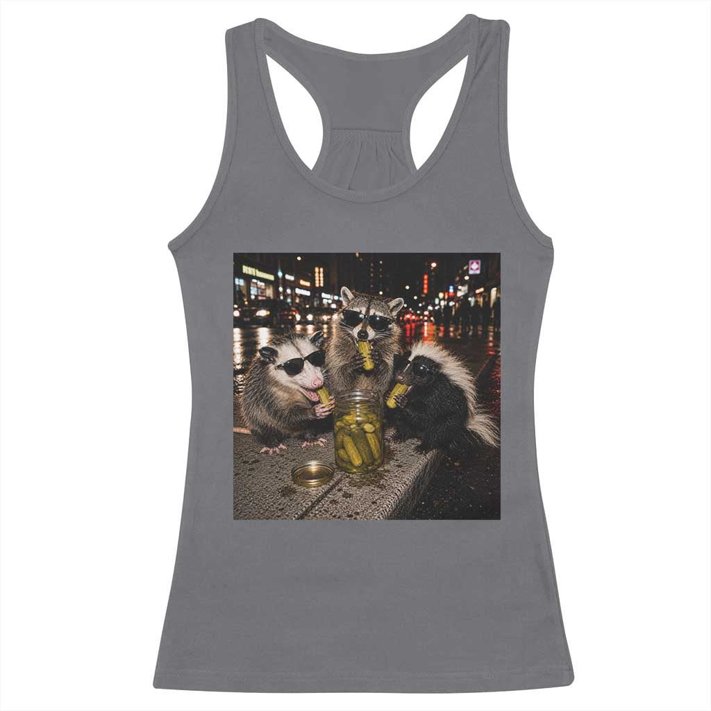 Funny Raccoon Skunk Possum Eating Pickles Racerback Tank Top Support Local Street Cats Retro Animal Meme