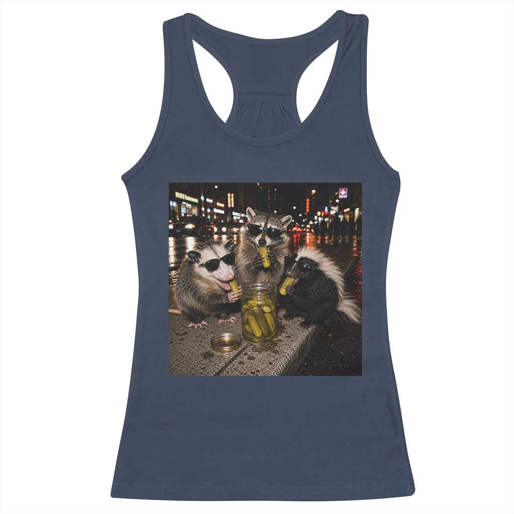 Funny Raccoon Skunk Possum Eating Pickles Racerback Tank Top Support Local Street Cats Retro Animal Meme