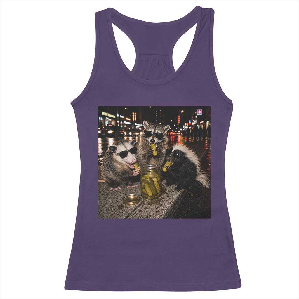 Funny Raccoon Skunk Possum Eating Pickles Racerback Tank Top Support Local Street Cats Retro Animal Meme