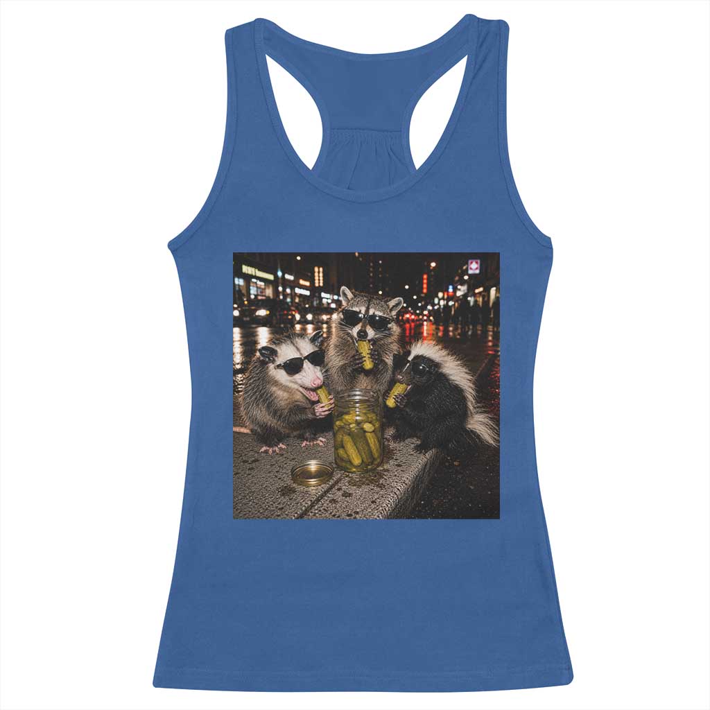 Funny Raccoon Skunk Possum Eating Pickles Racerback Tank Top Support Local Street Cats Retro Animal Meme