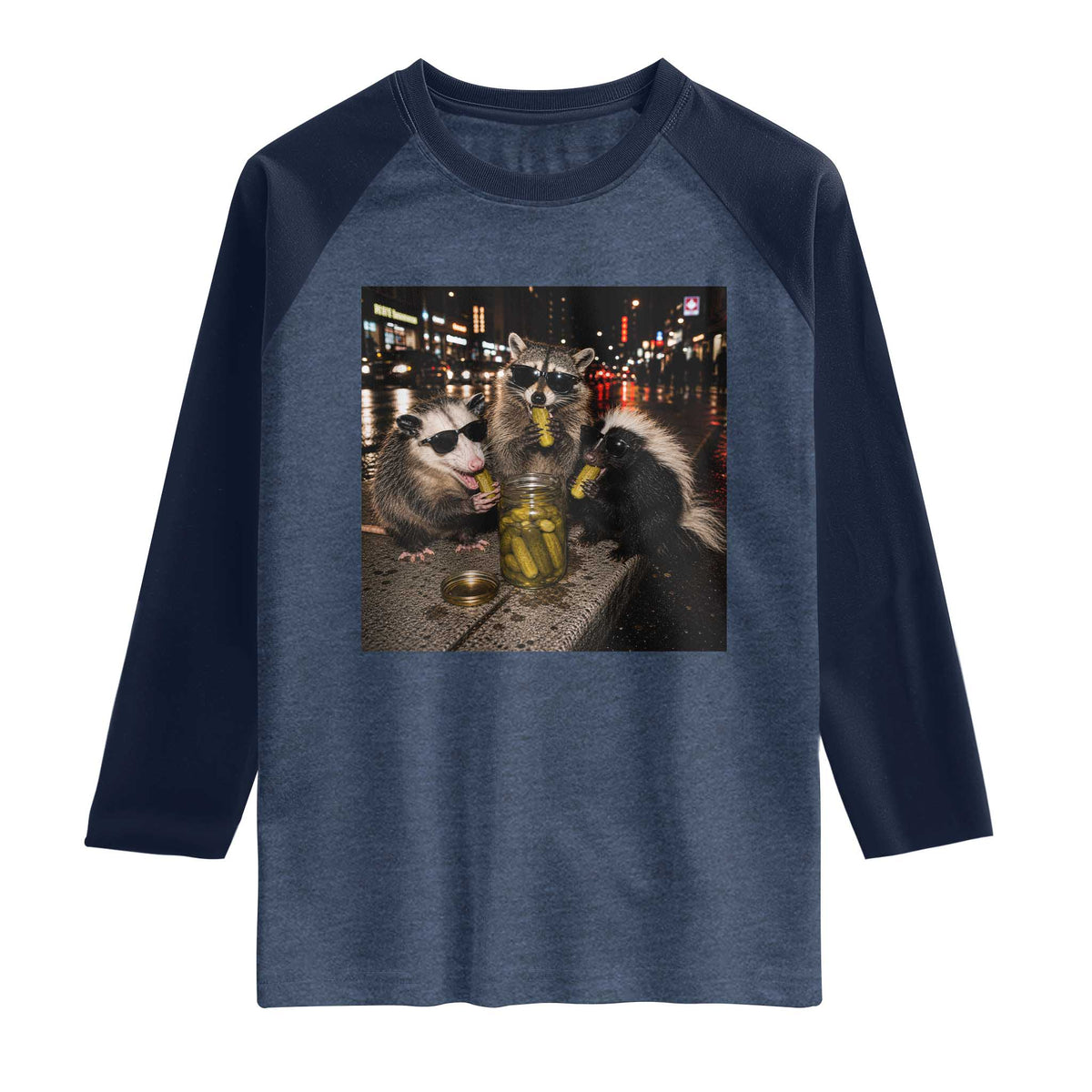 Funny Raccoon Skunk Possum Eating Pickles Raglan Shirt Support Local Street Cats Retro Animal Meme