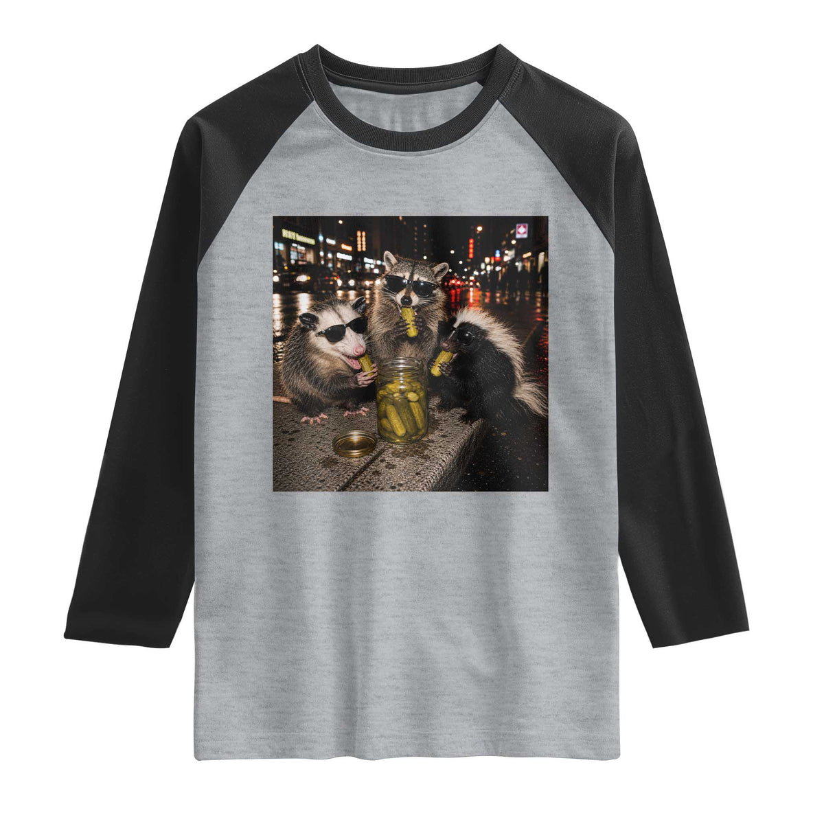 Funny Raccoon Skunk Possum Eating Pickles Raglan Shirt Support Local Street Cats Retro Animal Meme