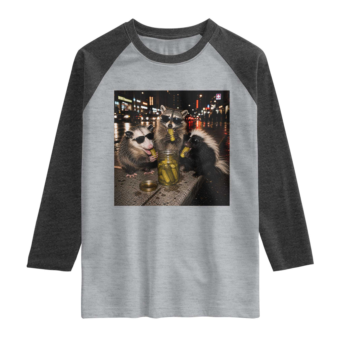 Funny Raccoon Skunk Possum Eating Pickles Raglan Shirt Support Local Street Cats Retro Animal Meme