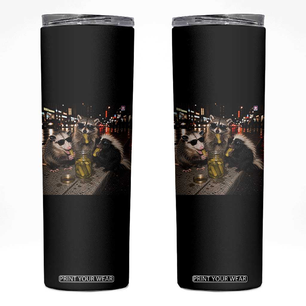 Funny Raccoon Skunk Possum Eating Pickles Skinny Tumbler Support Local Street Cats Retro Animal Meme TS10 Black Print Your Wear