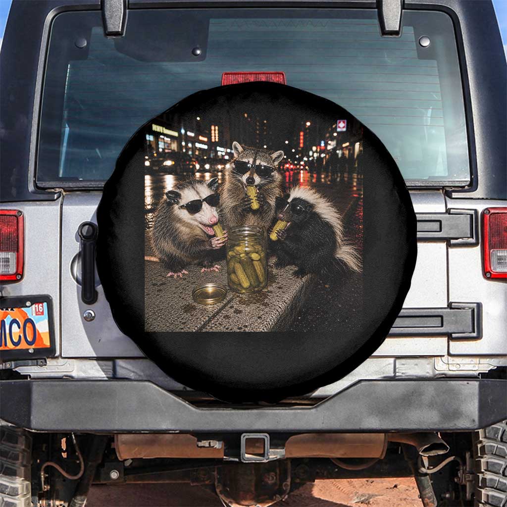 Funny Raccoon Skunk Possum Eating Pickles Spare Tire Cover Support Local Street Cats Retro Animal Meme