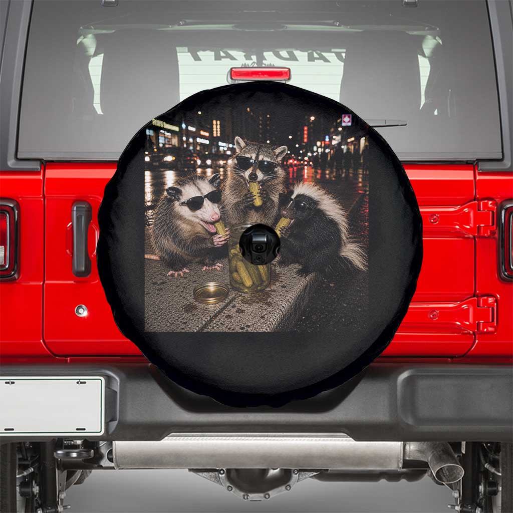 Funny Raccoon Skunk Possum Eating Pickles Spare Tire Cover Support Local Street Cats Retro Animal Meme