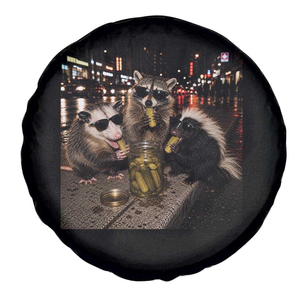 Funny Raccoon Skunk Possum Eating Pickles Spare Tire Cover Support Local Street Cats Retro Animal Meme