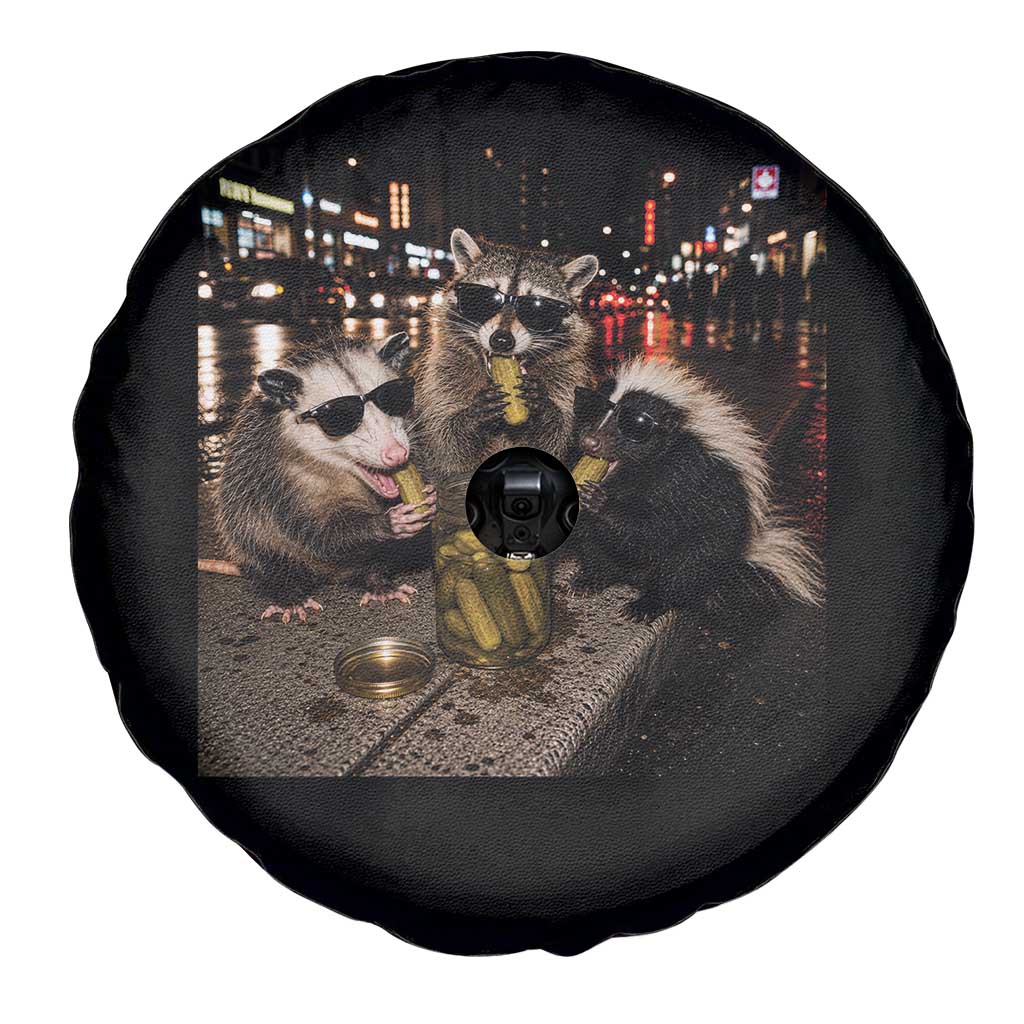 Funny Raccoon Skunk Possum Eating Pickles Spare Tire Cover Support Local Street Cats Retro Animal Meme