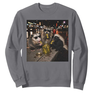 Funny Raccoon Skunk Possum Eating Pickles Sweatshirt Support Local Street Cats Retro Animal Meme