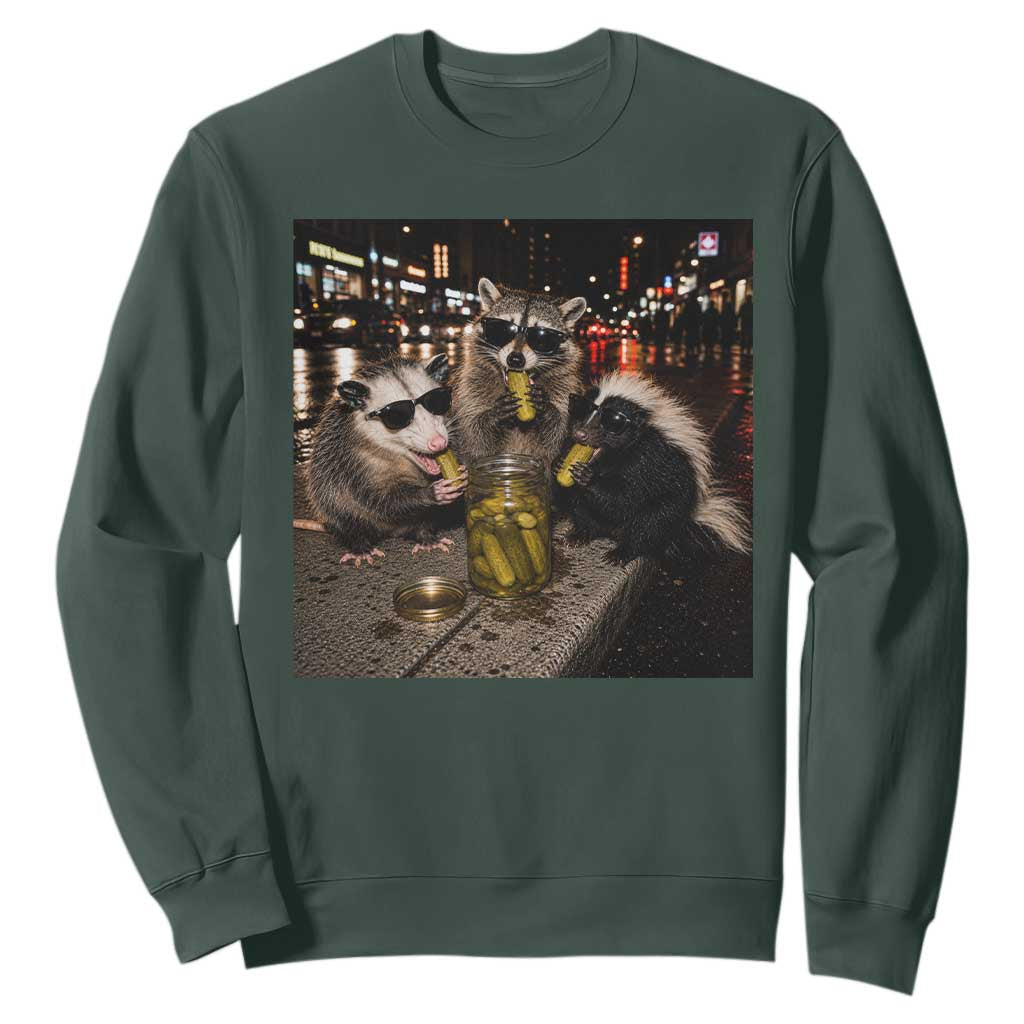 Funny Raccoon Skunk Possum Eating Pickles Sweatshirt Support Local Street Cats Retro Animal Meme