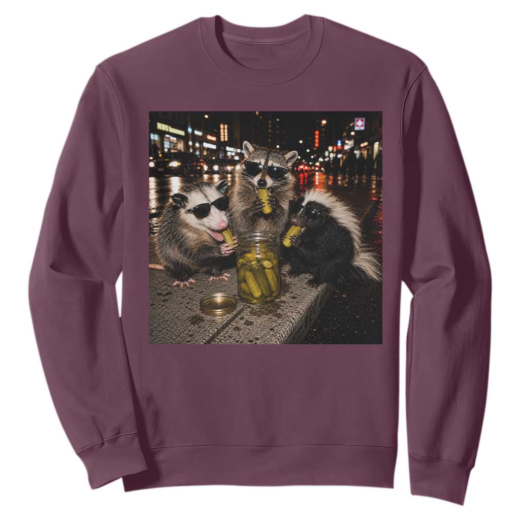 Funny Raccoon Skunk Possum Eating Pickles Sweatshirt Support Local Street Cats Retro Animal Meme