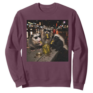 Funny Raccoon Skunk Possum Eating Pickles Sweatshirt Support Local Street Cats Retro Animal Meme