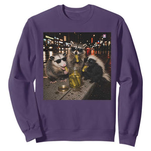 Funny Raccoon Skunk Possum Eating Pickles Sweatshirt Support Local Street Cats Retro Animal Meme