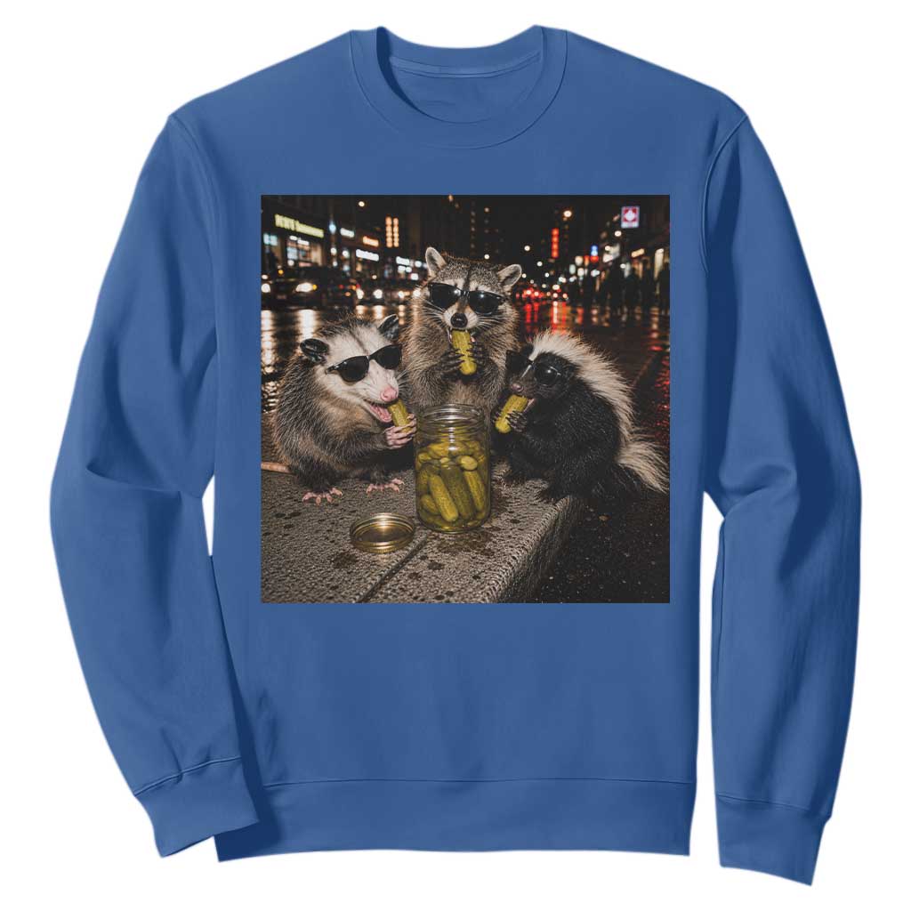 Funny Raccoon Skunk Possum Eating Pickles Sweatshirt Support Local Street Cats Retro Animal Meme
