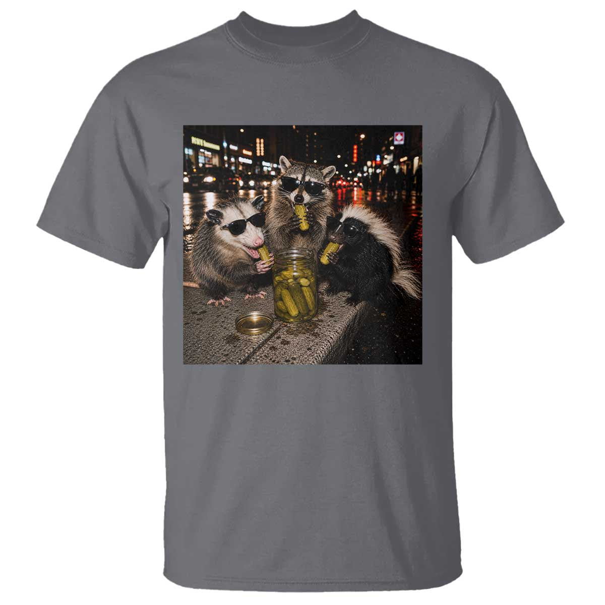 Funny Raccoon Skunk Possum Eating Pickles T Shirt Support Local Street Cats Retro Animal Meme