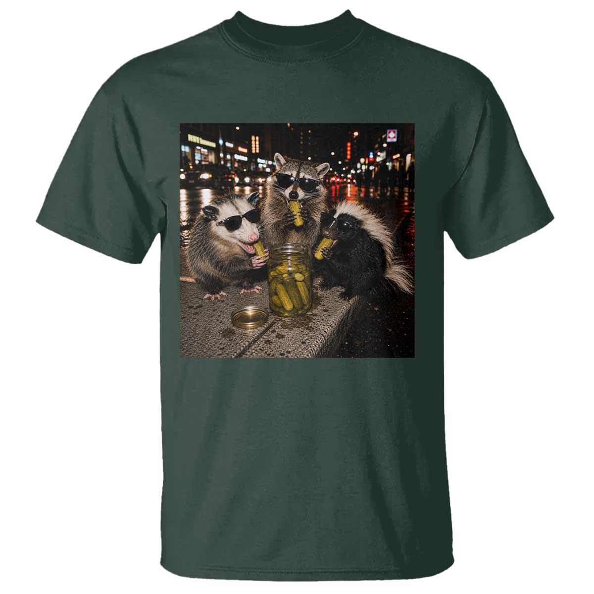 Funny Raccoon Skunk Possum Eating Pickles T Shirt Support Local Street Cats Retro Animal Meme