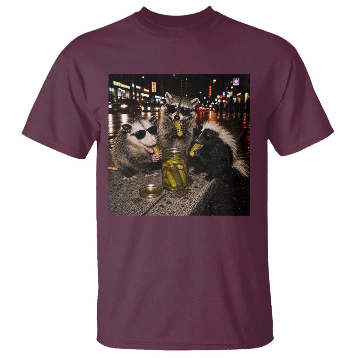 Funny Raccoon Skunk Possum Eating Pickles T Shirt Support Local Street Cats Retro Animal Meme