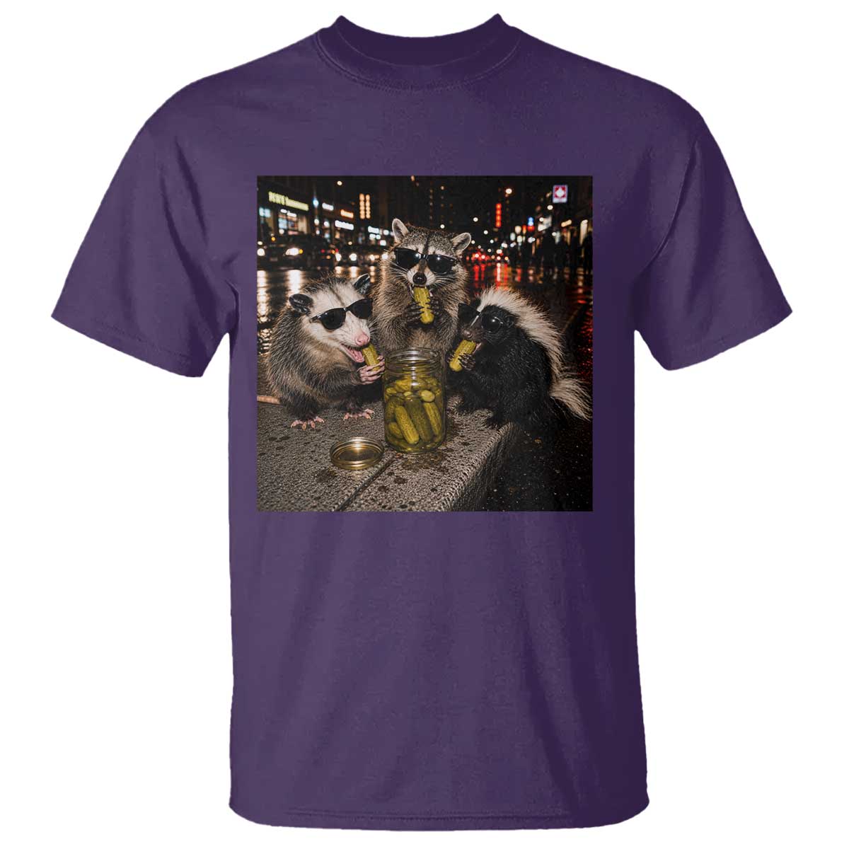 Funny Raccoon Skunk Possum Eating Pickles T Shirt Support Local Street Cats Retro Animal Meme