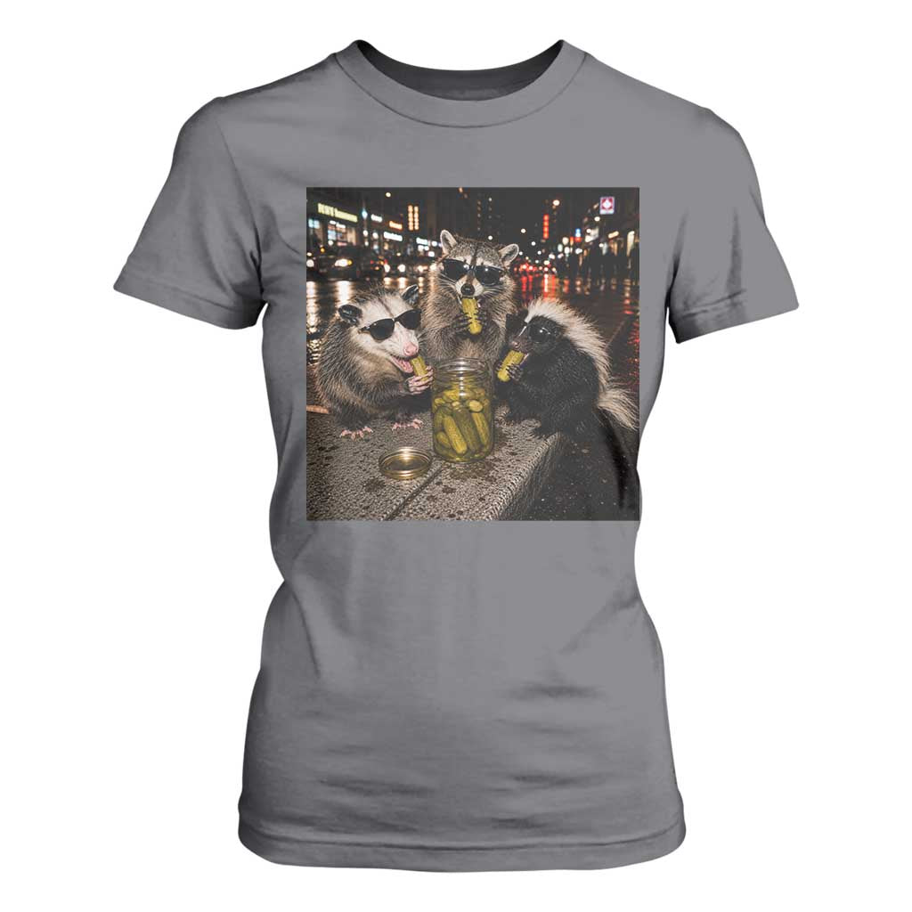 Funny Raccoon Skunk Possum Eating Pickles T Shirt For Women Support Local Street Cats Retro Animal Meme