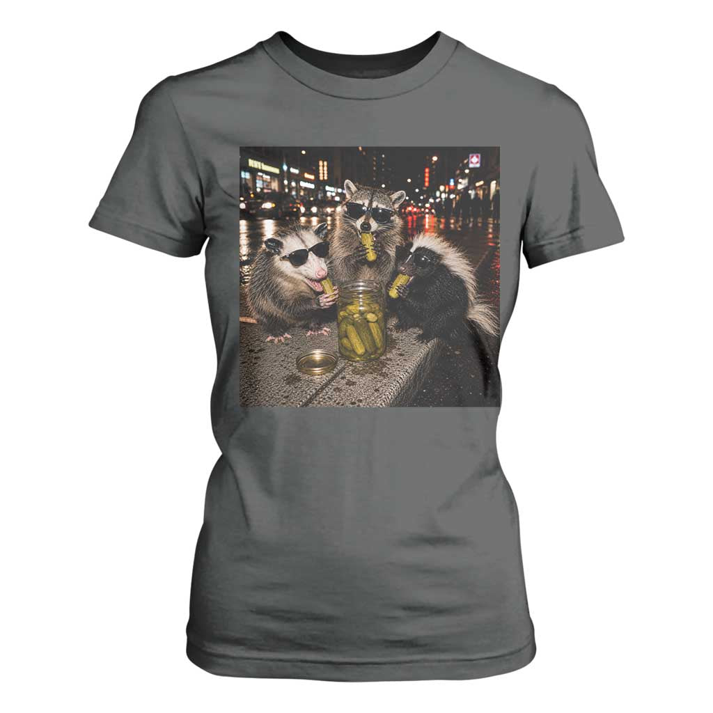 Funny Raccoon Skunk Possum Eating Pickles T Shirt For Women Support Local Street Cats Retro Animal Meme