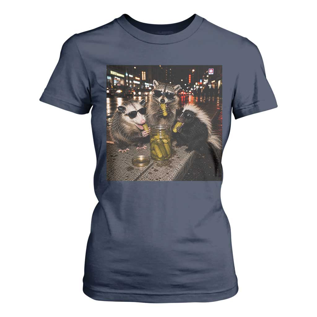 Funny Raccoon Skunk Possum Eating Pickles T Shirt For Women Support Local Street Cats Retro Animal Meme