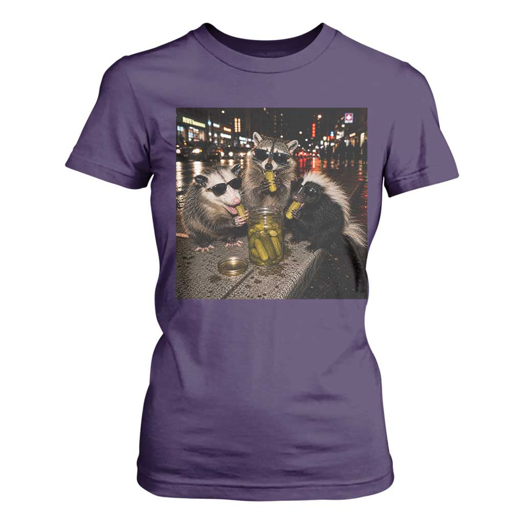 Funny Raccoon Skunk Possum Eating Pickles T Shirt For Women Support Local Street Cats Retro Animal Meme