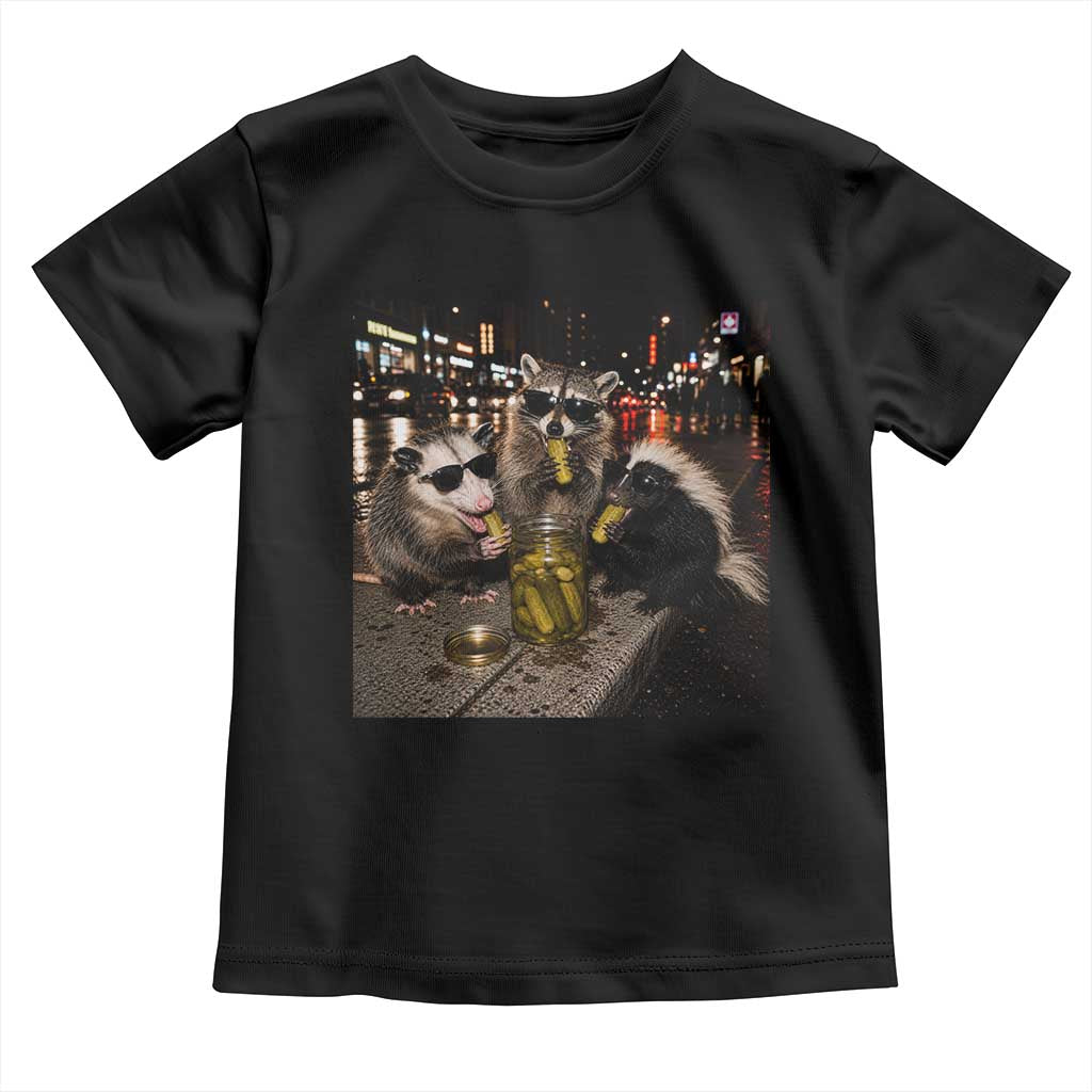 Funny Raccoon Skunk Possum Eating Pickles Toddler T Shirt Support Local Street Cats Retro Animal Meme