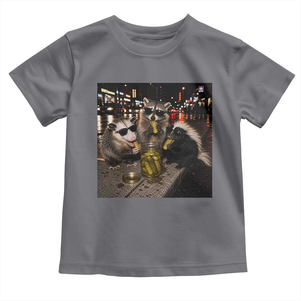 Funny Raccoon Skunk Possum Eating Pickles Toddler T Shirt Support Local Street Cats Retro Animal Meme