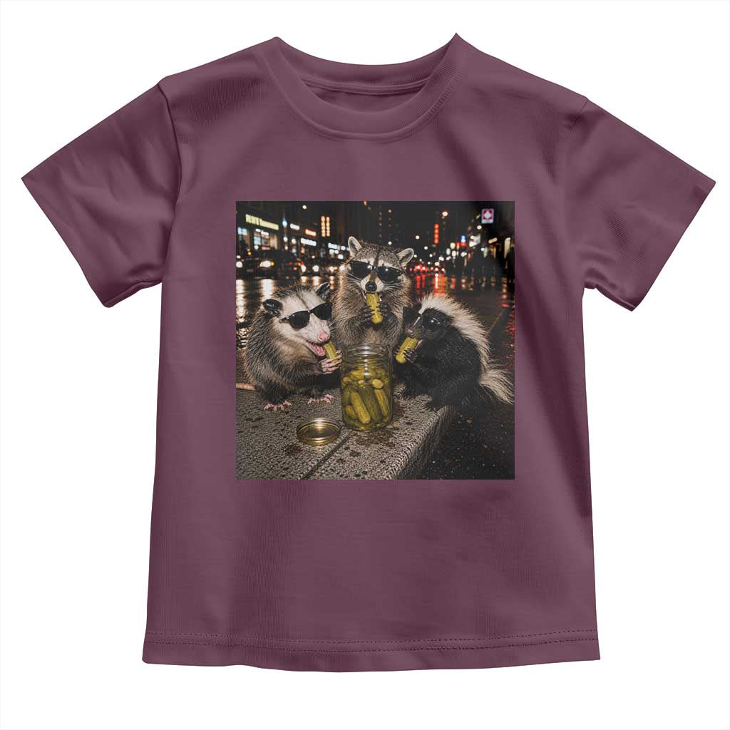 Funny Raccoon Skunk Possum Eating Pickles Toddler T Shirt Support Local Street Cats Retro Animal Meme