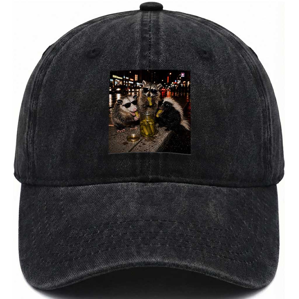 Funny Raccoon Skunk Possum Eating Pickles Washed Cotton Baseball Cap Support Local Street Cats Retro Animal Meme