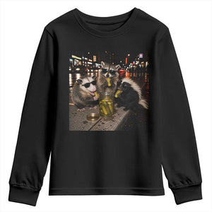 Funny Raccoon Skunk Possum Eating Pickles Youth Sweatshirt Support Local Street Cats Retro Animal Meme