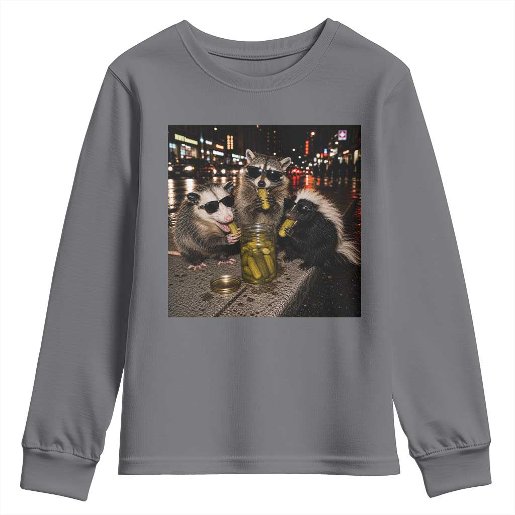 Funny Raccoon Skunk Possum Eating Pickles Youth Sweatshirt Support Local Street Cats Retro Animal Meme