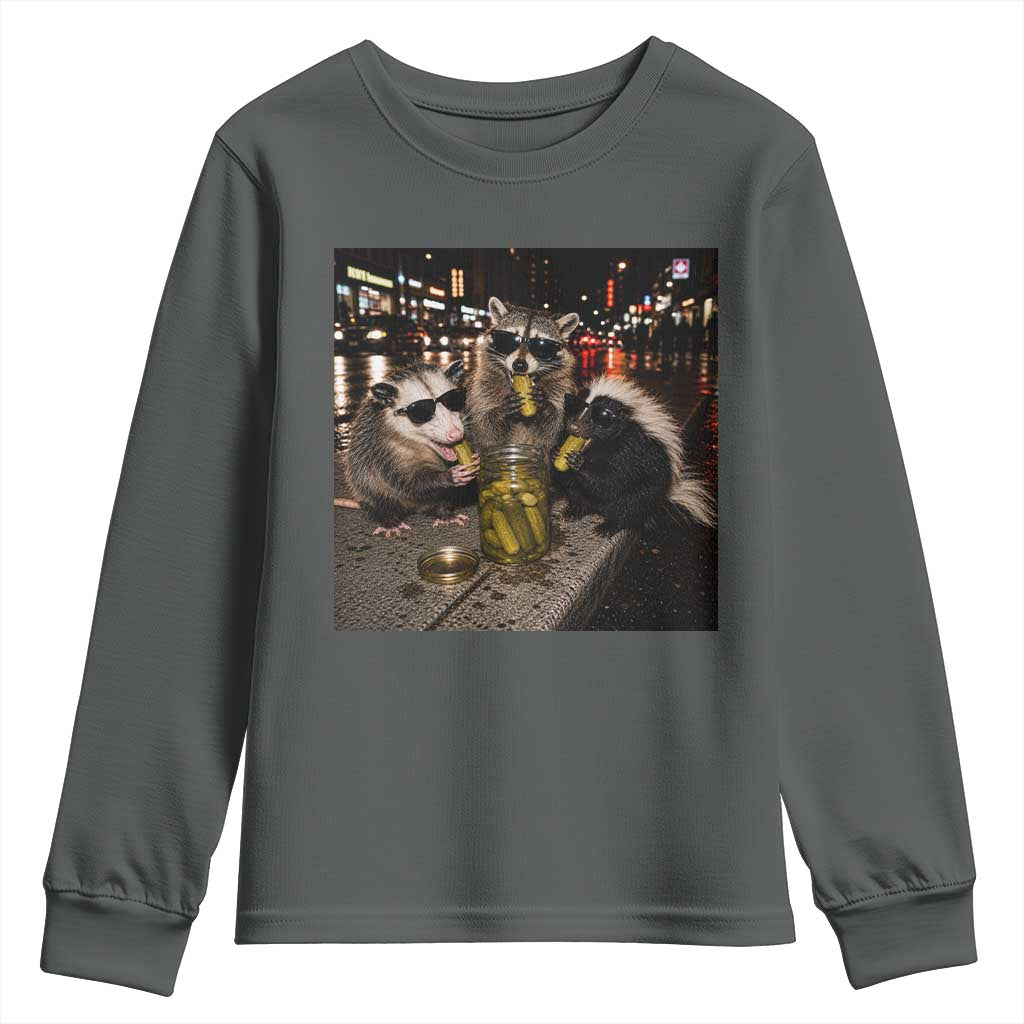 Funny Raccoon Skunk Possum Eating Pickles Youth Sweatshirt Support Local Street Cats Retro Animal Meme