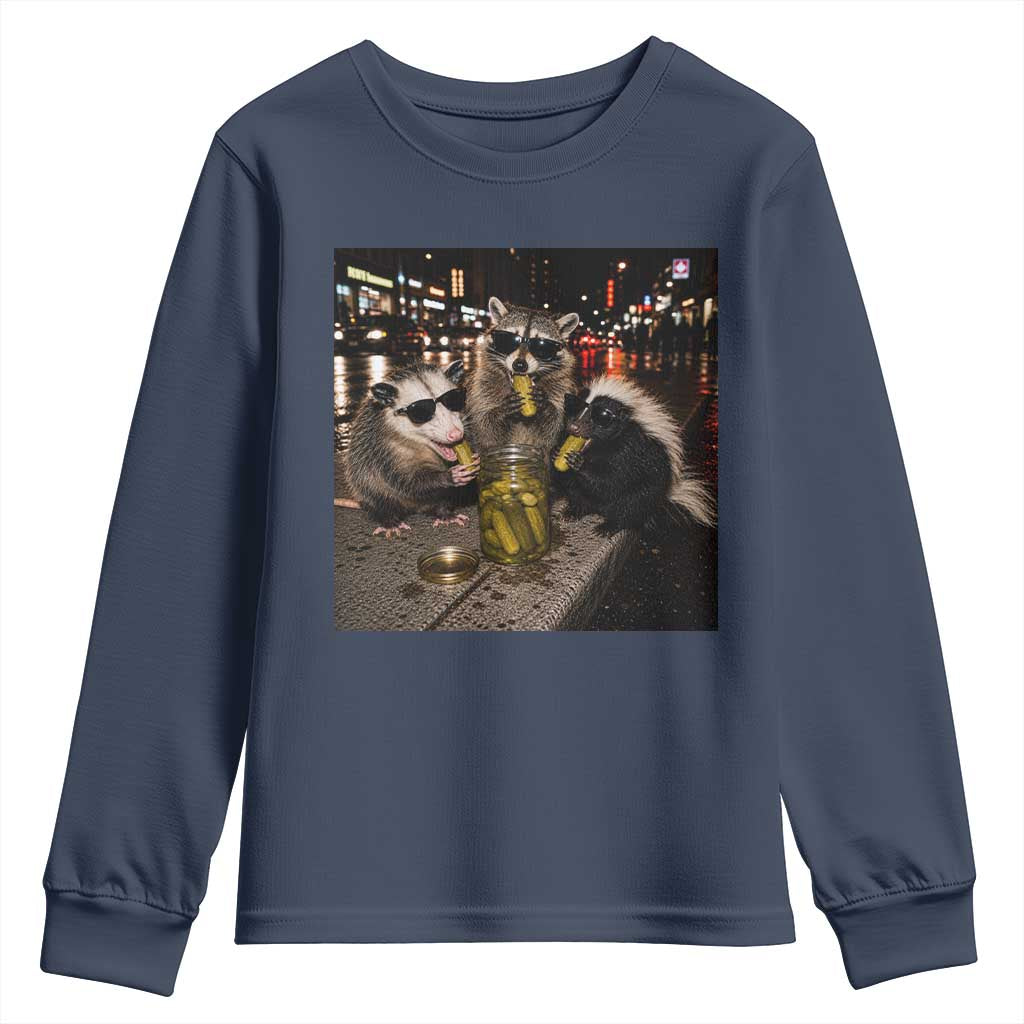 Funny Raccoon Skunk Possum Eating Pickles Youth Sweatshirt Support Local Street Cats Retro Animal Meme