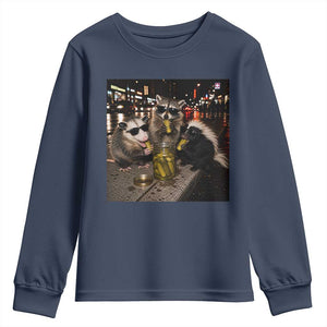 Funny Raccoon Skunk Possum Eating Pickles Youth Sweatshirt Support Local Street Cats Retro Animal Meme